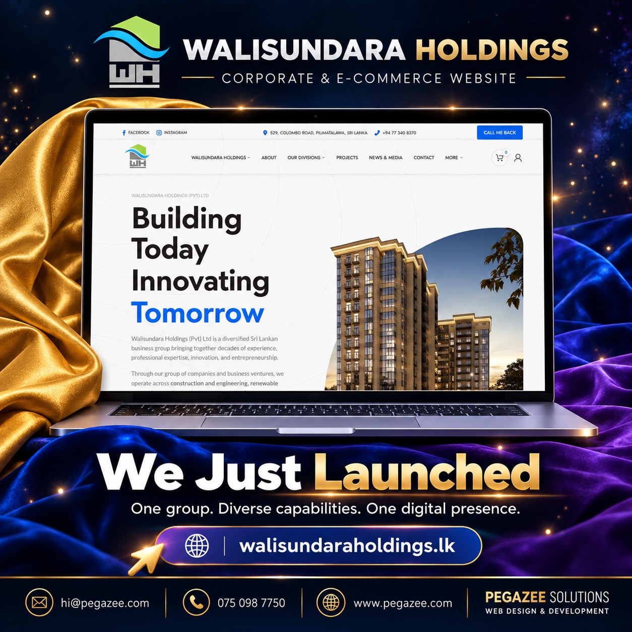 Walisundara Holdings website launch by Pegazee Solutions, featuring the homepage on a laptop.